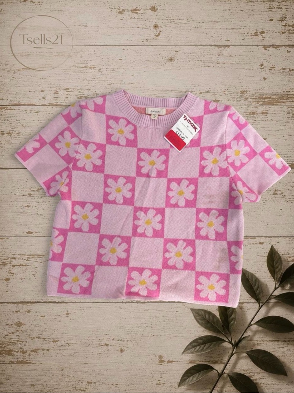 NWT Debut Y2K Pink Checkered Daisy Knit Top - Size S